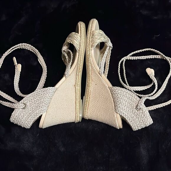 Via Spiga Jute & Wedge Gold Ankle Strap Sandals - Picture 5 of 10